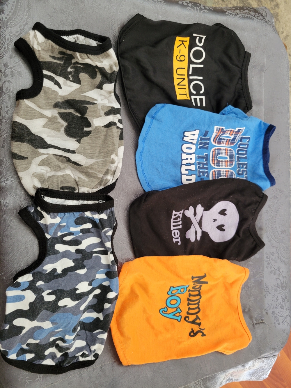 Assorted Pack of Dog Tank Tops – Orange, Blue, Black, Gray Camo